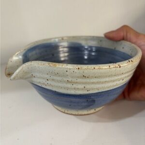 Vintage handmade stoneware ceramic pottery bowl with spout